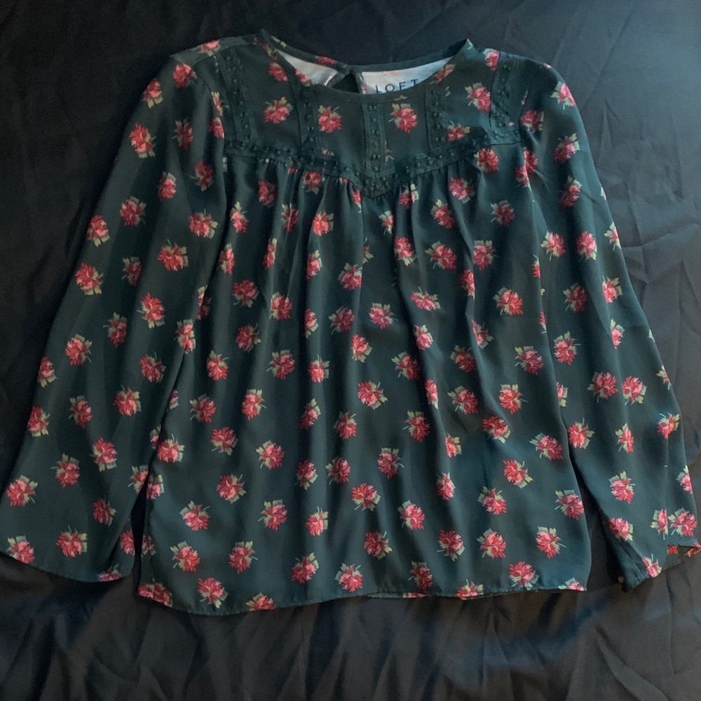 LOFT Floral Blouse - Dark Green and Pink/Red